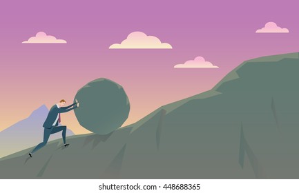 Business Concept of Conquering Adversity businessman pushing a rock uphill. Vector Illustration.