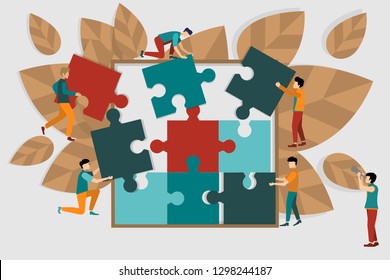 Business concept of cooperation and team work on a common project. People connect puzzles. Smihol teamwork in dealing with elgolovololyki. Vector illustration flat design style