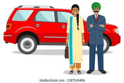 Business concept. Couple of indian businessman and businesswoman standing together near the car on white background in flat style. Design people character. Vector illustration.