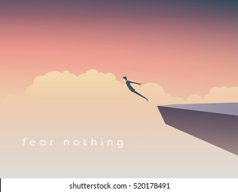 Business concept of courage. Businessman jumping off a cliff as a sign of brave leadership and step forward. Eps10 vector illustration.