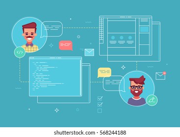 Business concept of co-work designer and programmer by project of website. Modern vector illustration.