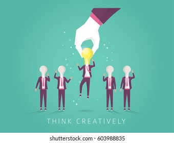 Business concept of creativity. Big hand pick up man with bright  idea light bulb. Think different. Vector flat illustration.