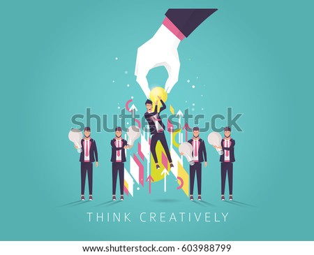 Business concept of creativity. Big hand pick up man with bright  idea light bulb. Think different. Vector flat illustration.
