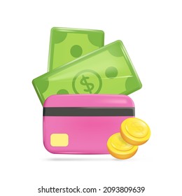 Business concept, credit card, coins and banknotes, payment of credit funds, cash withdrawal, banking concept in cartoon 3D style. Vector illustration