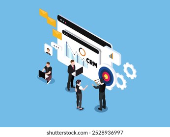 Business Concept of CRM System with Data Analysis and Target Marketing 3d isometric vector illustration