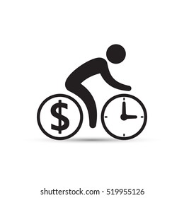 Business concept, cyclist icon vector. Time is money concept. Bicycle wheels as a coin and clock. Simple isolated bicycle sign.