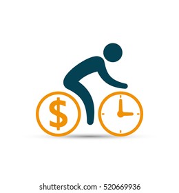 Business concept, cyclist icon vector. Time is money concept. Bicycle wheels as a coin and clock. Simple isolated bicycle color sign.