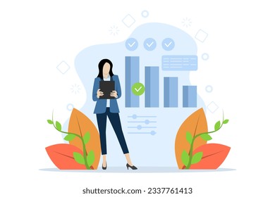 concepto de negocio, investigación de datos y análisis de la información de los gráficos para empresas. lectura de caracteres de datos de gráficos de empresas, inversión en financiación de empresas, finanzas, ilustración vectorial plana sobre fondo blanco.