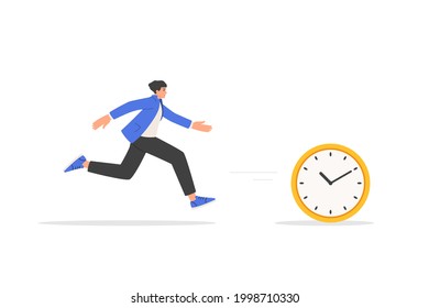 Business concept of deadline, time management, fear of being late. Businessman is chasing time. The man runs after the clock. Vector illustration isolated on white background