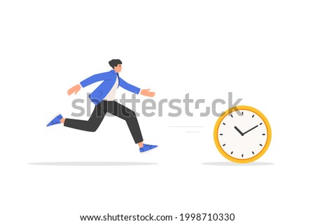 Business concept of deadline, time management, fear of being late. Businessman is chasing time. The man runs after the clock. Vector illustration isolated on white background