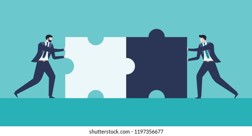 Business concept of business dealings together. Businessmans connect puzzles collage.