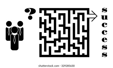 Business concept of decision making: a team of businessmen deciding which way to take in the maze to achieve success. Vector illustration Eps10 file. 