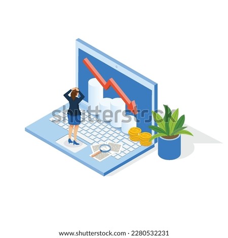 Business Concept. Decline Downward Arrow Trend In Laptop, Bankruptcy, Bad Economy Reduction, Budget recession, Market Fall, Financial Crisis, Investment expenses. Isometric Vector.