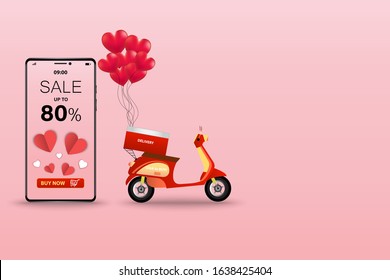 Business concept of delivery by scooter and application on mobile, balloon in a shape of heart floating over scooter and phone which the display show discount rate to deliver in Valentine's season.
