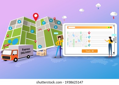 Business concept of delivery service, businessman and woman wear a face mask and discuss to check and track the shipment to deliver the goods to customer in front of tablet that contain map and GPS.