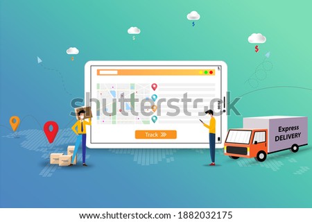 Business concept of delivery tracking, young man hold a smartphone to track the shipment and businessman hold a parcel to deliver the goods to customer in front of tablet that contain map and GPS.
