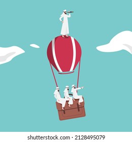 Business concept design Arab businessman standing and looking through monocular on hot air balloon briefcase. Business people group search to success. Growth, vision. Vector illustration flat cartoon