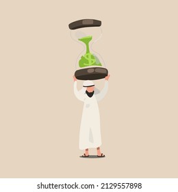 Business concept design Arab businessman lifting weights in form giant hourglass. Male manager hold sandglass over his head. Business time management. Success victory. Vector illustration flat cartoon