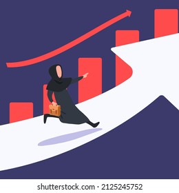Business concept design Arab businesswoman running on arrow up go to success, graph. Business vision. Investment profit and earning, stock market growth or fund. Vector illustration flat cartoon style