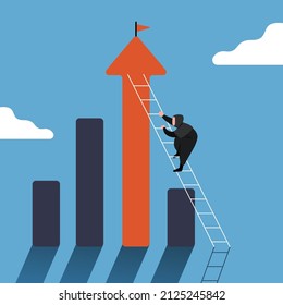 Business concept design Arab businesswoman climbing on infographic column with ladder. Step grow business. Improvement or development to achieve goal, growth journey. Vector illustration flat cartoon