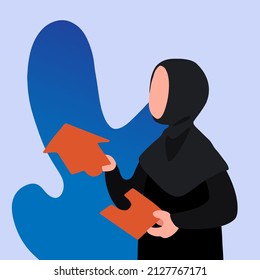 Business concept design Arab businesswoman put arrows together. Business financial investment. Cooperation, support, merger, acquisition. Unite puzzle parts of arrow. Vector illustration flat cartoon