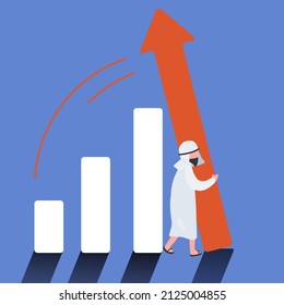 Business Concept Design Arabian Businessman Pushing Bar Chart. Man Worker Holding Bar Chart From Being Fall Over Metaphor Of Survive, Grow. Business Crisis Management. Vector Illustration Flat Cartoon