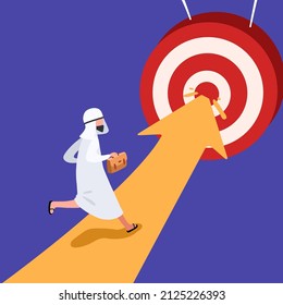 Business concept design Arabian businessman running toward goal. Reach target. Worker run arrow which hitting bullseye target, achievement. Symbol of success, growth. Vector illustration flat cartoon