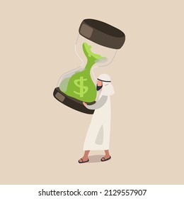 Business concept design Arabian businessman holding up large hourglass. Time management and deadline concept. Financial investment. Successfully task organizing. Vector illustration flat cartoon style