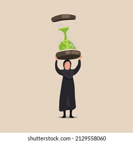 Business concept design Arabian businesswoman lifting weights in form giant hourglass. Female manager hold sandglass over her head. Business time management. Success. Vector illustration flat cartoon