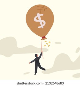 Business concept design Arabian businesswoman flying with money bag dollar balloon. Increase budget, capital business with investment. Success financial, cash, wealth. Vector illustration flat cartoon
