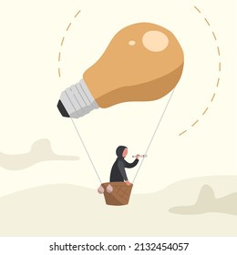 Business concept design Arabic businesswoman flying on air balloon with light bulb. Female character looking through spyglass search of creative idea. Business vision. Vector illustration flat cartoon