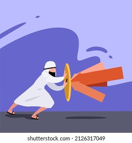 Business concept design brave Arabian businessman holds shield defending from attacks. Reflection impact. Attack protection. Insurance, protection from dangers. Vector illustration flat cartoon style