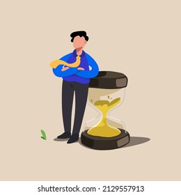 Business concept design businessman lean on huge giant hourglass. Effective time management, successfully task organizing, financial investment. Deadline, timeliness. Vector illustration flat cartoon