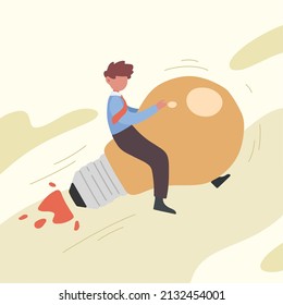 Business concept design businessman riding flying light bulb lamp with rocket booster in sky. Creative idea, innovation start up business or inspiration to achieve success goal. Vector illustration
