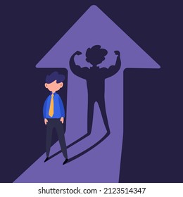 Business concept design businessman standing with muscular body shadow behind him and showing his inner strength. Self confidence. Future goal. Self development. Vector illustration flat cartoon style
