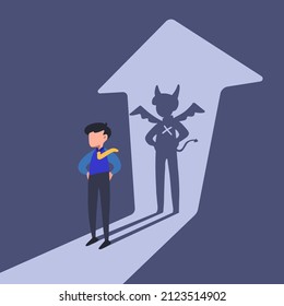 Business concept design businessman standing with demon shadow wall behind him. Bad business manager. Young worker with his own evil shadow. Business metaphor. Vector illustration flat cartoon style