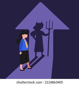 Business concept design businesswoman with devil of shadow. Evil worker facing her devil shadow on wall. Bad character businessman. Success and inconsiderateness. Vector illustration flat cartoon
