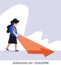 Business Concept Design Businesswoman With Flashlight Uncovering Hidden Arrow Sign. Searching Direction Clue. Uncovering Direction. Idea Of Discovering Hidden Success. Vector Illustration Flat Cartoon