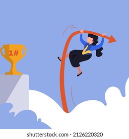 Business concept design businesswoman jumping using pole vault to reach trophy. Business competition, career challenge and goal achievement. Female manager reach aim. Vector illustration flat cartoon