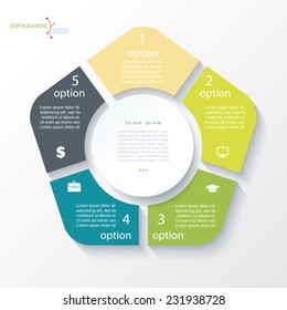 Business concept design with circle and 5 segments. Infographic template can be used for presentation, web design, workflow or graphic layout, diagram, numbers options