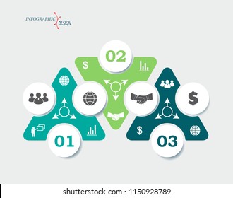 Business concept design with triangles and 3 segments. Infographic template can be used for presentation, web design, workflow or graphic layout, diagram, numbers options