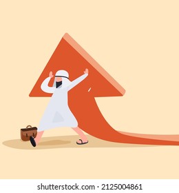 Business concept design worker lifting rising financial arrow graph up. Arabian businessman working hard to change direction of an arrow. Raising up to reach success. Vector illustration flat cartoon
