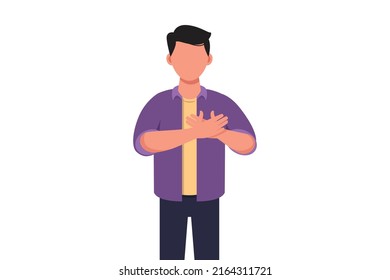 Diseño de concepto de negocio joven empresario mano a mano en el pecho. Hombres que sufren de dolor torácico o infarto. Concepto de atención de la salud. Emoción y lenguaje corporal. Ilustración vectorial estilo de caricatura plana