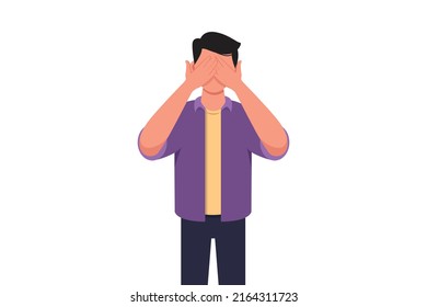 Business concept design young businessman closes his eyes with his hands because of disgust and reluctance to see something, fear or sadness. Hand gesture. Vector illustration flat cartoon style