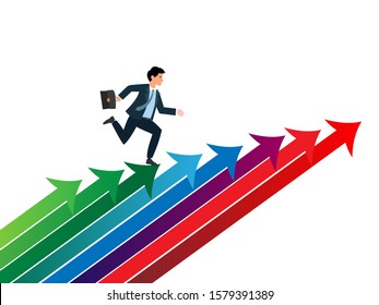 Business Concept Designed As A Businessman Is Running Forward In High Speed On White Arrows To The Target. He Is Straight To Succeed The Goal With Full Motivation, Attempt, And Encouragement.
