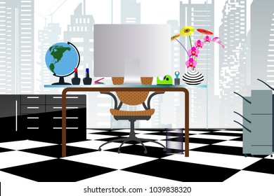 Business concept a desktop at office flat style with atrium buildings in transparent glass windows and can see through out to cityscape.