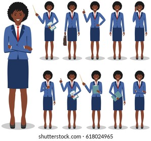 Business concept. Detailed illustration of african american businesswoman standing in different positions in flat style isolated on white background. Vector illustration.