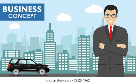 Business concept. Detailed illustration of businessman on background with black car and cityscape in flat style. Vector illustration.