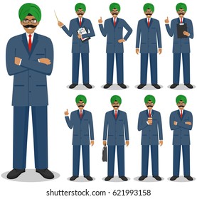 Business concept. Detailed illustration of indian businessman standing in different positions in flat style isolated on white background. Vector illustration.