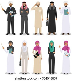 Business concept. Detailed illustration of muslim arabian businessman and businesswoman standing in different positions in flat style. Arab people in traditional islamic clothes. Vector illustration.